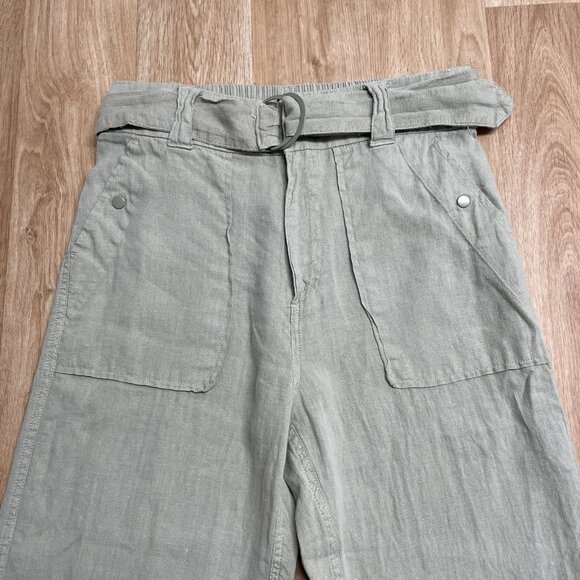 TAHARI PANTS 100% LINEN WOMENS M SAGE GREEN BEACH LAGENLOOK BELT ELASTIC COASTAL - Picture 3 of 10